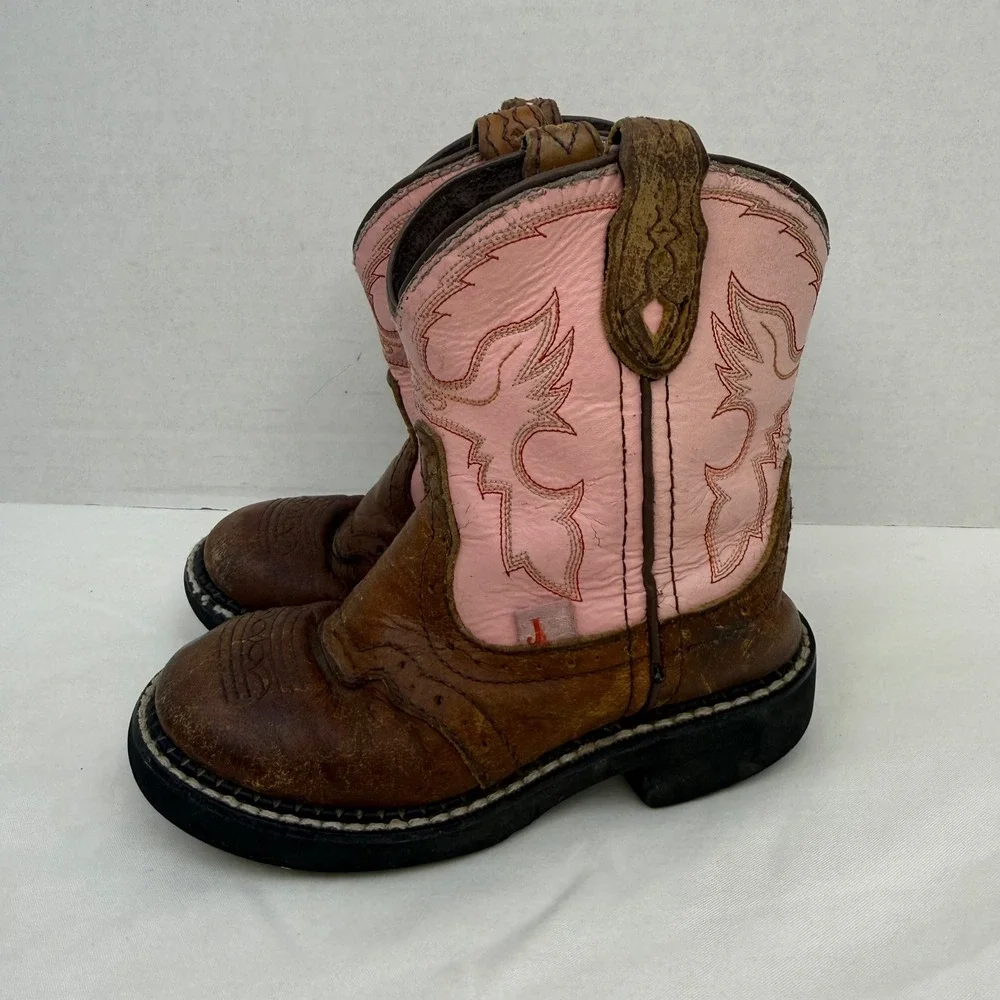 Justin Gypsy Kids Brown Pink Leather Western Cowboy Boots 9901C Size 10D